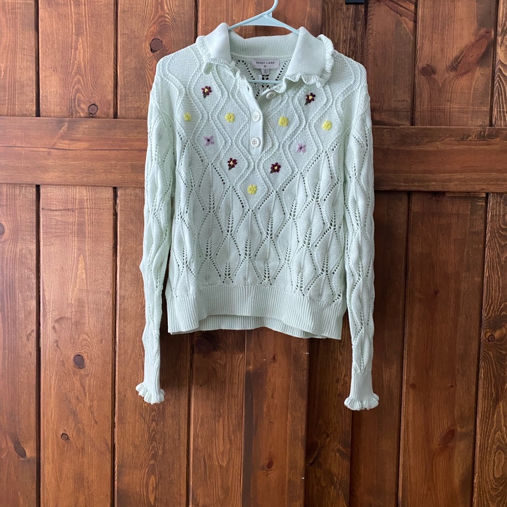 Target x Sandy Liang Mint Green Floral Embroidered Collared Sweater